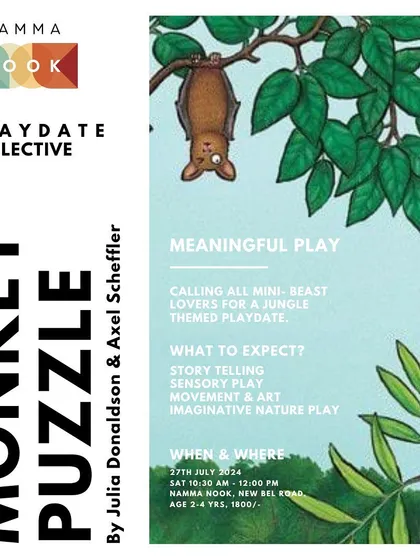 This is an example of one of our playdate announcements. We partner with wonderful, child-friendly spaces across Bangalore to host our themed workshops. Each event has a clear theme, date, and age group so you know exactly what to expect.