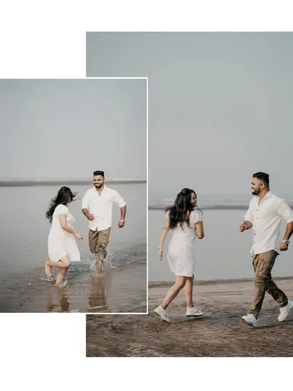 A creative collage capturing the fun of running and splashing in the water at the beach.