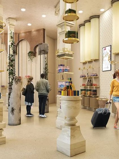 An interior render for the Sangam Sweets BIAL project, showcasing our commitment to sustainable design. We incorporated materials like banana fiber and water hyacinth, and collaborated with local artisans for Bidri and Kasuthi craftwork.