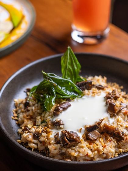 A rich and creamy Wild Mushroom Risotto, finished with a dollop of mascarpone and crispy fried basil leaves. This is Italian comfort in a bowl.