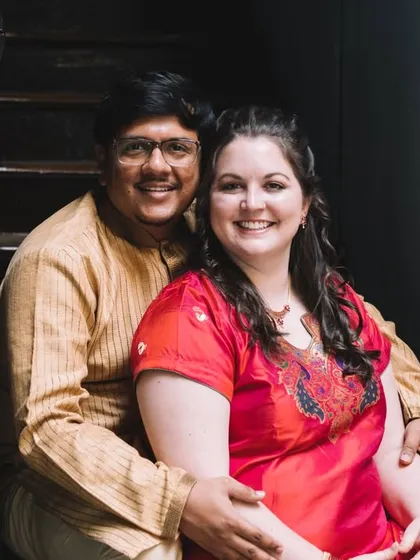 Another portrait from their pre wedding shoot at the wada. The dark wood of the staircase and the soft light create a warm and intimate atmosphere.
