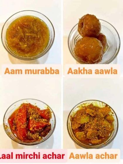 Here is another selection of my homemade products. This includes my sweet and tangy Aam Murabba, whole Aakha Aawla Murabba, spicy Lal Mirchi Achar, and tangy Aawla Achar. There is a flavor for everyone in the family.