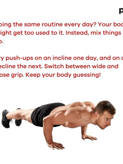 A carousel with workout advice for those with a shorter stature and heavier bone structure. It emphasizes diversifying workouts and keeping the body guessing with variations like incline, decline, and different grip push-ups.