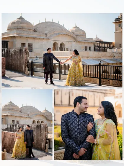 A collage of Shiva and Nidhi's pre-wedding shoot at Nahargarh Fort, capturing their connection against the backdrop of the fort's ramparts.