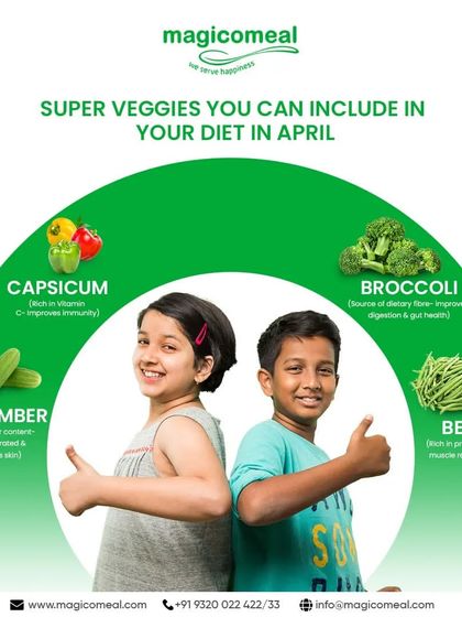 We help you include super veggies in your diet. This informational graphic highlights the benefits of seasonal vegetables like capsicum, broccoli, cucumber, and beans, all of which feature in our menus.