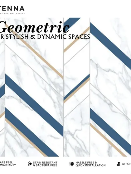 For a stylish and dynamic space, I offer modern geometric patterns like this one, which combines a clean marble look with bold blue and subtle gold lines. It's a perfect example of how to create a contemporary and visually engaging interior.