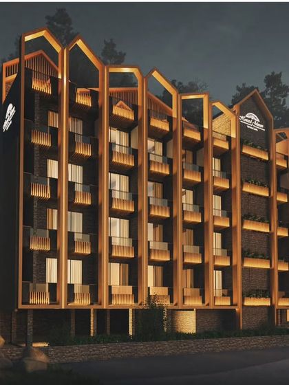 A render for a hotel set against the breathtaking backdrop of the Himalayas. The design embraces the ruggedness of the rocky terrain, with a wooden exoskeleton that blends seamlessly with the lush landscape, bringing the outside in.