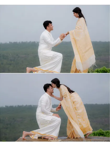 A two-panel image capturing a proposal and the tender kiss that follows, telling a mini-story.