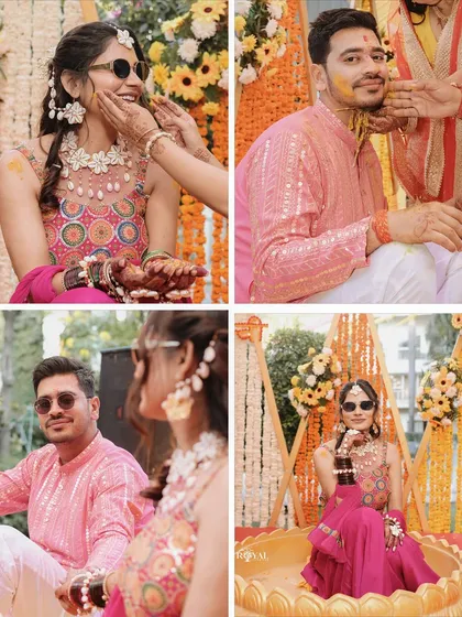 A four-panel collage of the couple's Haldi ceremony, showing them applying turmeric to each other and posing in their festive outfits.