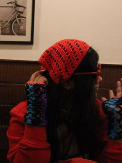 A candid shot of the red bandana and neon gloves. I love creating pieces that are fun to wear and express your personality.