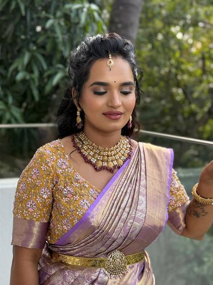 A close up of the makeup. The eyeshadow is soft and shimmery, and the skin has a beautiful, healthy glow.