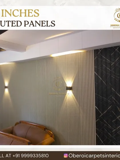 This design shows our 12-inch wide fluted panels in a light shade, complemented by modern wall sconces. The combination of textured panels and smart lighting adds depth and character to the room.