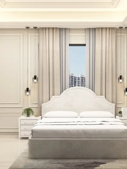 This 3D concept shows a luxurious master bedroom with classic wall paneling, a tufted headboard, and elegant hanging pendant lights on either side of the bed.