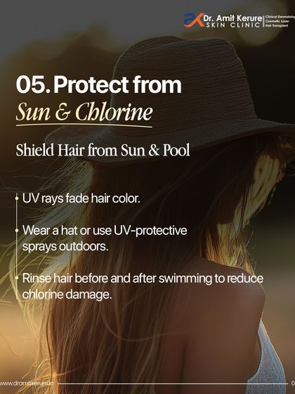 Protecting your hair from the sun and pool is crucial. UV rays can fade hair color, so I advise wearing a hat outdoors. Rinsing your hair before and after swimming also helps reduce damage from chlorine.