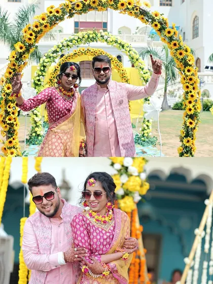 A collage of the couple posing under a sunflower arch at their vibrant destination Haldi ceremony.