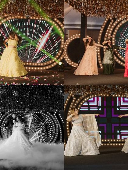 A beautiful collection of moments from a sangeet night, showing both color and black-and-white shots of the performances.