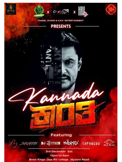 A "Kannada Kranti" themed party poster, celebrating Kannada music and culture.