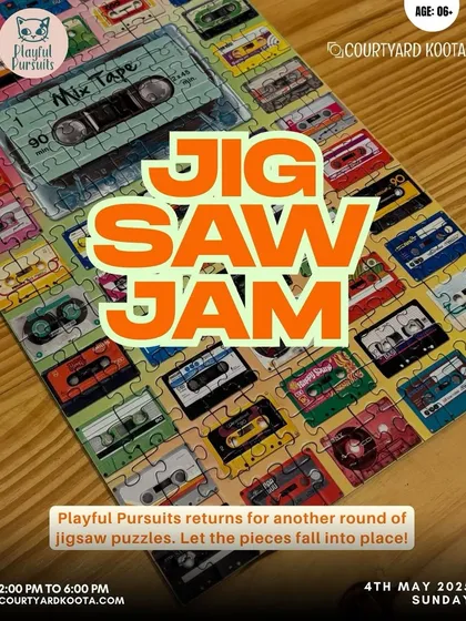 Poster for a Jigsaw Jam with a retro cassette tape puzzle theme. We love to keep our recurring events fresh and fun.