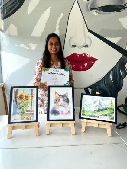 This student's watercolor paintings are so serene, from the gentle cat portrait to the peaceful mountain landscape.