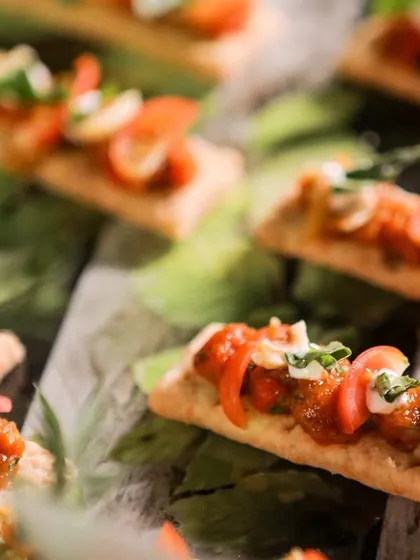Crispy flatbreads topped with a savoury tomato and nut mixture. These canapés are light, crunchy, and full of flavour.
