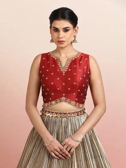 A close-up of the red embroidered blouse, featuring a V-neck and a unique coin-embellished belt.