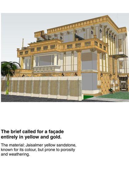 The initial brief for Stone Print Villa called for a facade entirely in yellow and gold, using Jaisalmer sandstone. This early 3D model shows our first interpretation of that vision.