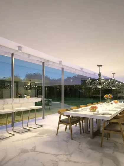 The design of the Garden House is an experience. This render shows the dining area with sweeping views of the lush lawn, a space where every moment is connected to nature.