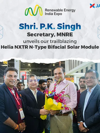 A proud moment as Shri P.K. Singh, Secretary, MNRE, unveils our trailblazing Helia NXTR N-Type Bifacial Solar Module at the Renewable Energy India Expo. This launch signifies our commitment to bringing cutting-edge solar technology to the market.