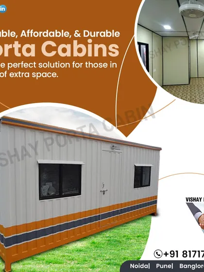 My portable cabins are an affordable and durable solution for extra space. This image shows a standard site office model alongside a glimpse of the clean, functional interior you can expect.