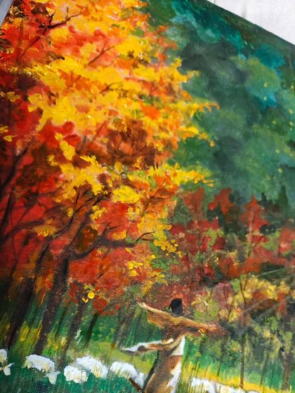 A close-up of the painting that won the award, a serene scene of a shepherd with his flock in an autumn forest.