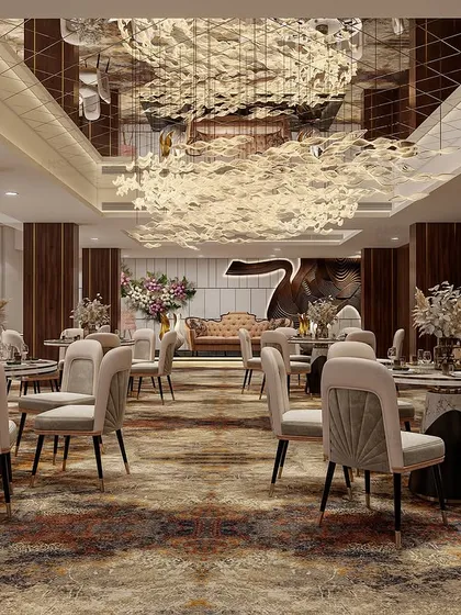 This banquet hall design sets the stage for unforgettable events. I used a dazzling, custom chandelier and elegant seating to craft a space that feels both grand and intimate, perfect for special moments.