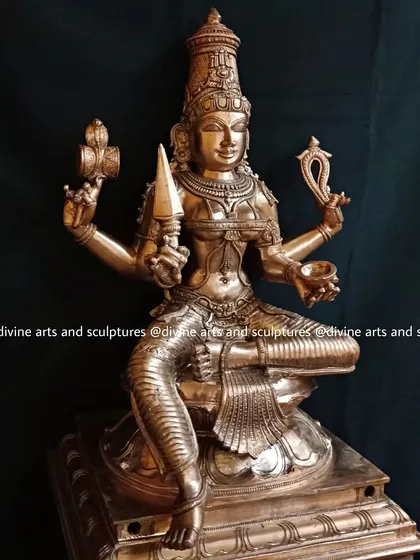 A 21-inch Panchaloha sculpture of Mahamariamman. This custom piece, with its intricate details and powerful stance, was created for a client in Bangalore.