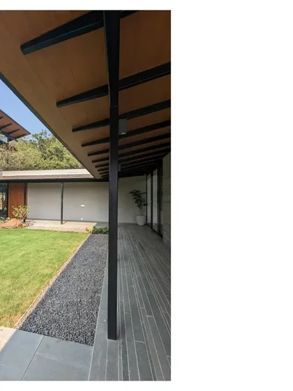 The clean lines of the verandah at Villa 15. The one-room-thick plan frames a courtyard, a classic strategy for climatic comfort in our tropical designs.