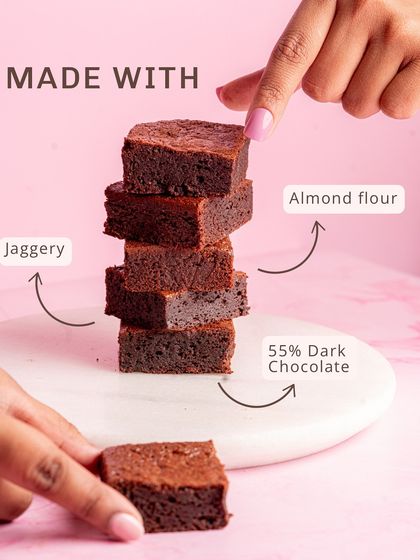 A breakdown of the wholesome ingredients in our brownies: 55% dark chocolate, jaggery for natural sweetness, and almond flour.