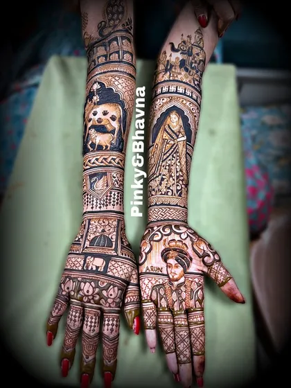 Your whole family is part of your story, even the furry ones. This custom bridal mehndi features portraits of the bride and groom, and on the other arm, a special portrait of their beloved pet dog. I love adding these personal touches that make your wedding mehndi truly one of a kind.