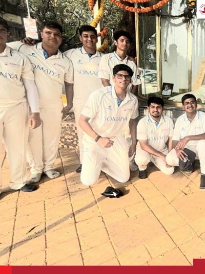 The full KJSIT cricket team poses together, celebrating a hard-fought win that was sealed by a disciplined bowling performance.