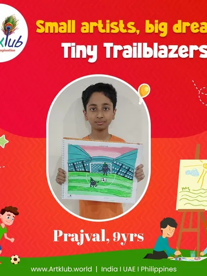 Meet Prajval, one of our talented 9-year-old trailblazers. He is proudly holding his artwork from the 'My Favourite Sport' competition, a colourful depiction of a football match that shows his passion for both art and sports.