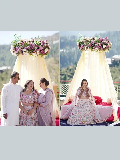 A diptych from a Mehandi ceremony, showing the bride with her parents and posing alone under a beautiful floral canopy with a mountain view.
