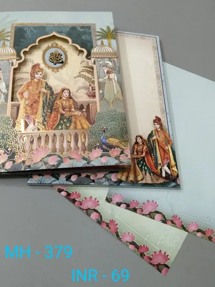 A multi-layered invitation with a 3D illustration of a royal couple on a balcony. The card is rich in detail, with peacocks and lotus flowers adding to the scene.