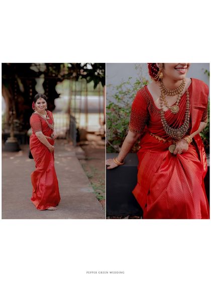 A collage of the bride's portraits, showing her in different poses, looking elegant and happy.