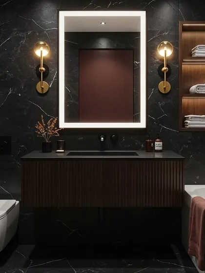 A bathroom should be a place for quiet moments. This design uses black marble, a deep soaking tub, and warm, dimmable lighting to create a luxurious, spa-like retreat.