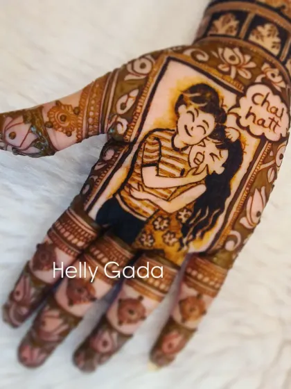 Your mehndi can tell a story. For this sister of the groom, we created a playful portrait capturing a fun inside joke with her brother, "Chal Hatt". It's these personal touches that make the art so meaningful and memorable.