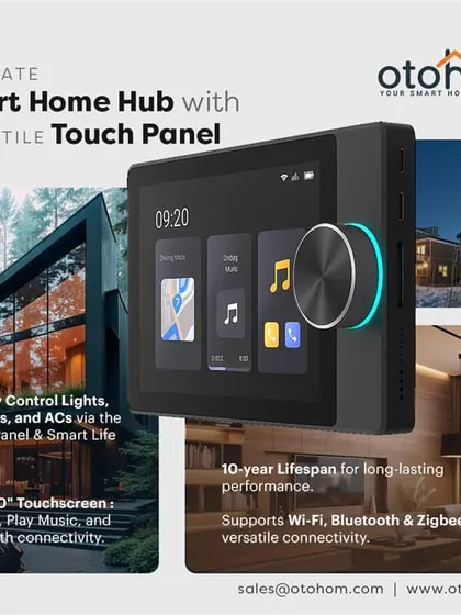 The Otohom Smart Home Hub is the central brain of your automated home. This versatile touch panel combines a high-resolution touchscreen with a tactile dial, giving you a beautiful and powerful command center for all your smart devices.