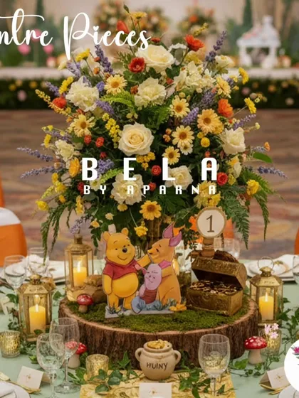 A close-up of a table centerpiece for the Pooh theme. It combines a vibrant floral arrangement with a tree-stump base, a miniature treasure chest, and adorable cutouts of Pooh and Piglet, ensuring every table is part of the story.