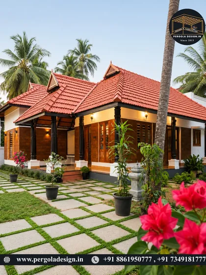 A charming traditional home surrounded by lush greenery, featuring a beautiful tiled roof pergola. This style of architecture is perfect for creating a cool and inviting atmosphere in warmer climates.