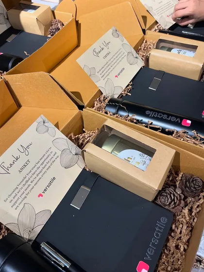 Assembling corporate thank you kits for Versatile. Each box is carefully packed by hand in my studio to ensure a perfect presentation every time.