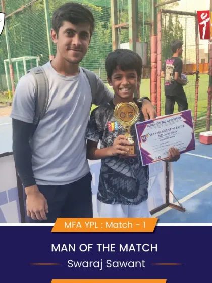 Recognizing individual excellence is part of our culture. Here, Swaraj Sawant is awarded Man of the Match for his standout performance, a proud moment for him and his coach.