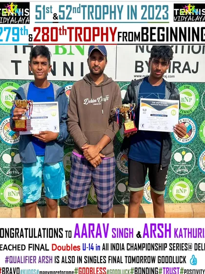 Congratulations to Aarav Singh & Arsh Kathuria for reaching the final of the Doubles U-14 in the All India Championship Series.