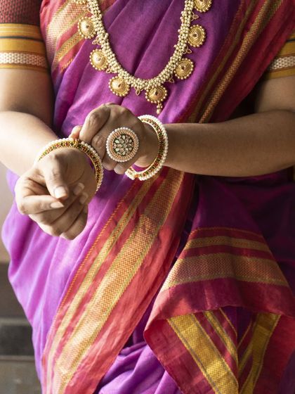 The right accessories make all the difference. This shot highlights the traditional bangles and a statement ring that are part of my Maharashtrian jewellery sets.