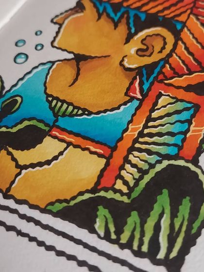 A close-up of the finished character colored with alcohol markers. The blending capabilities allow for smooth gradients and punchy, saturated colors.